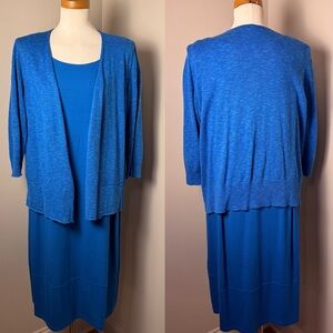 EILEEN FISHER Midi Knit Dress and Linen Blend Cardigan Combo Set BLUE / MED-LG